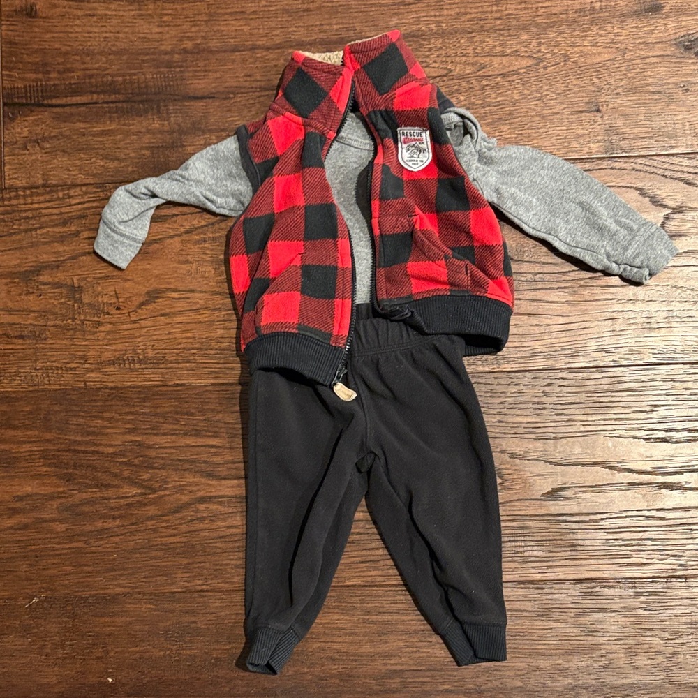 Red and Black Plaid Vest with Gray Onesie and Black Pants. 9 months